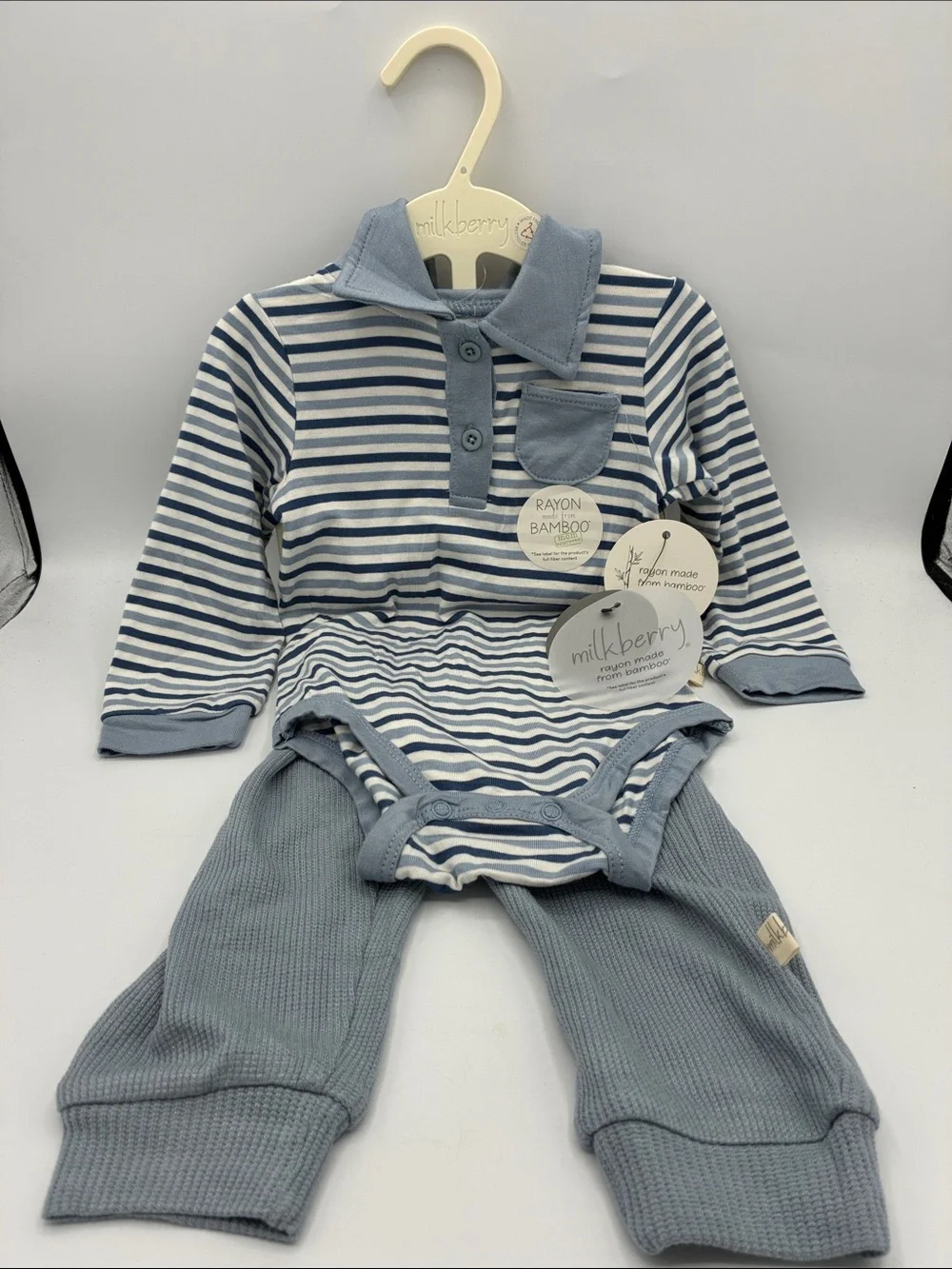Milkberry Bamboo 2pc Blue White Striped Baby Polo Bodysuit Knit Pants 6-9 Months